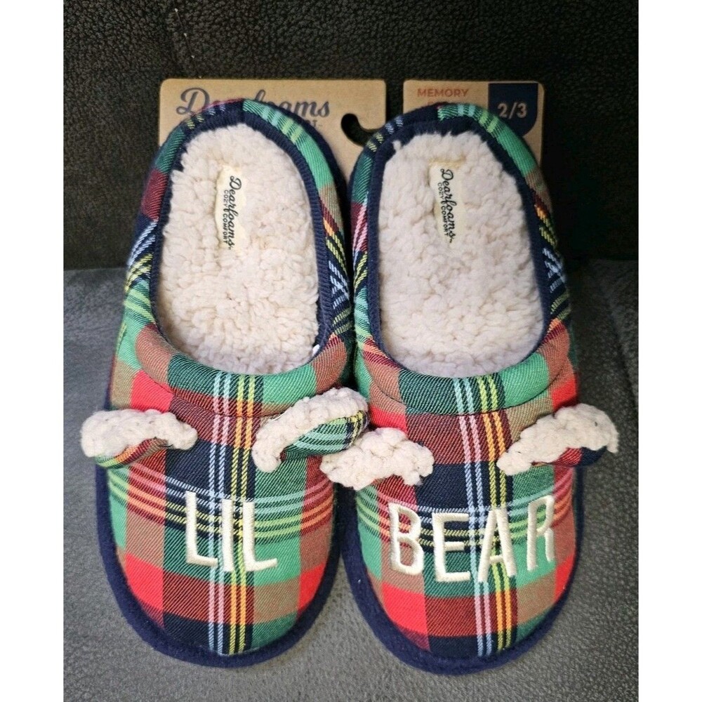 Kids Slippers Size 2/3 Lil Bear Plaid Dearfoams Memory Foam Slip Resistant